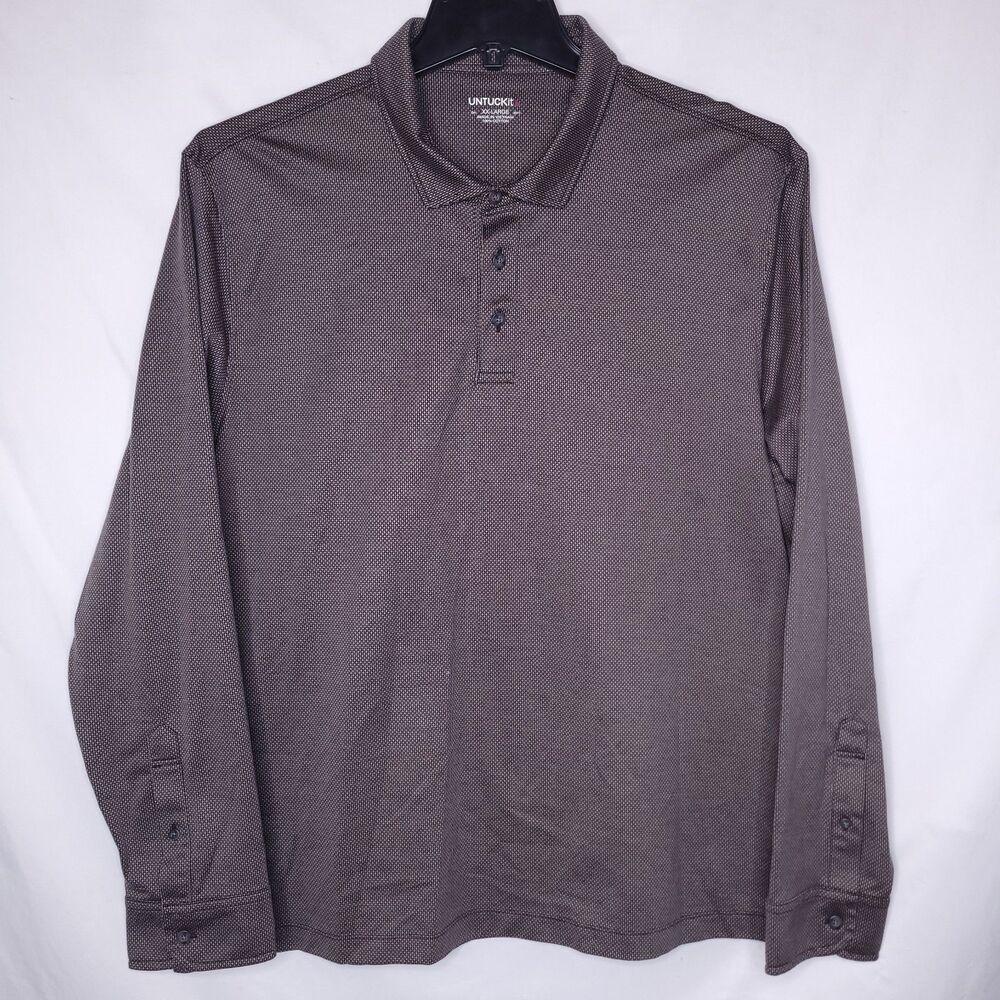 Untuckit Polo Shirt Mens 2XL Brown Damaschino Diamond Birdseye Long Sleeve